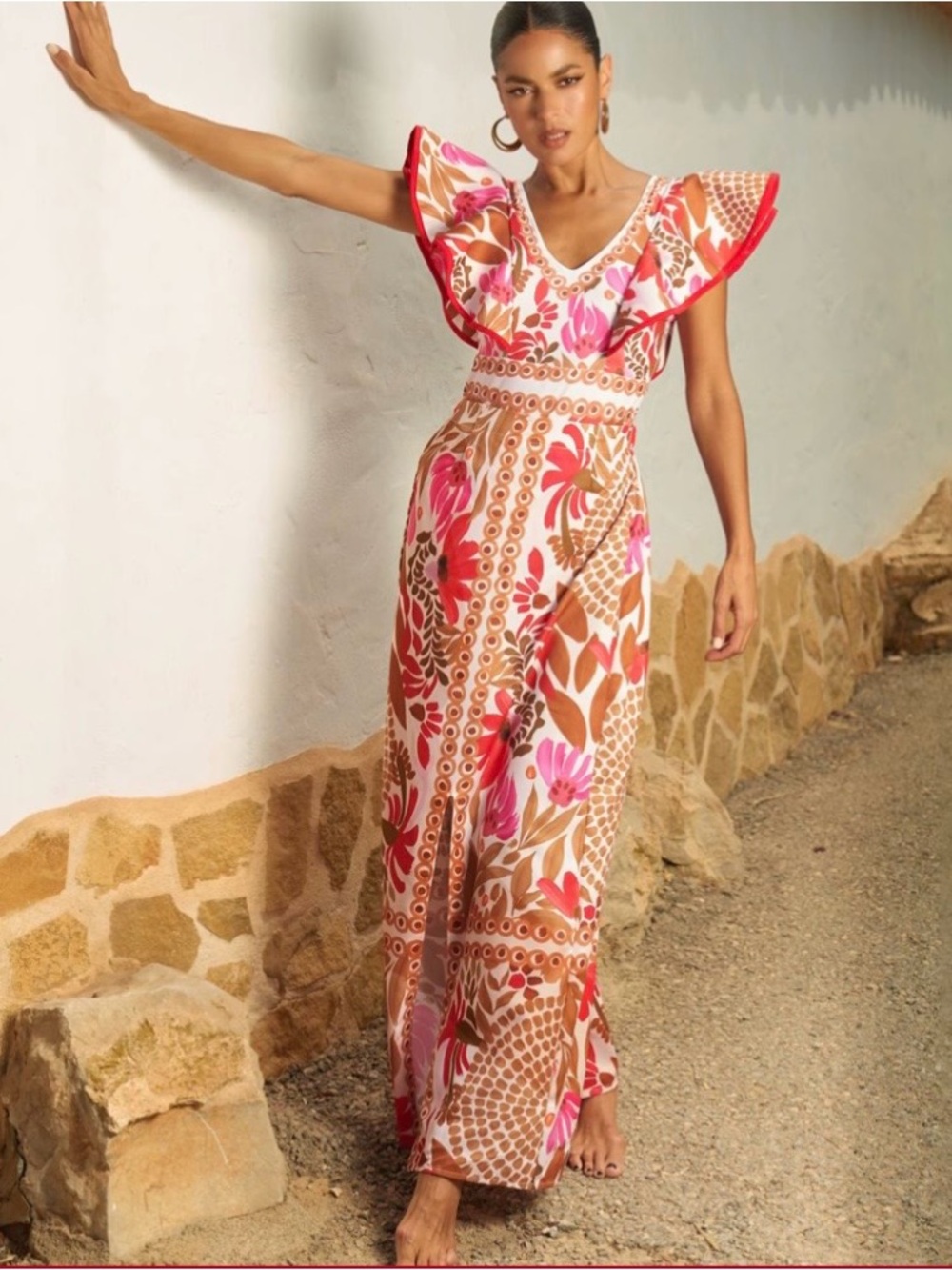 Source Unknown Red Pink Brown Floral Ruffle One-Piece Swimsuit with skirt